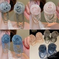 0322-YWBY-PT Bông tai tua rua hạt hình gạo hoa hồng bằng lưới kim bạc, thiết kế cá tính, khuyên tai mùa xuân hè, cảm giác cao cấp.