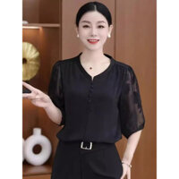 04 Người Cao Tuổi Trung Niên Nữ Quần Áo Mẹ Thời Trang Cổ Chữ V Giữa Tay Ren Áo Sơ Mi Voan Áo Sơ Mi Áo Sơ Mi
