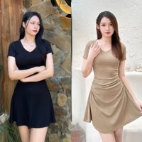 080 Đầm Nữ Cổ V Ngắn Kèm Quần Short Nỉ Tăm Siêu Xinh