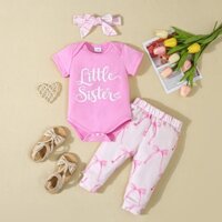 1-18 tháng tuổi Bộ áo liền quần Monogram tay ngắn có nơ in hình quần và băng đô Bộ đồ màu hồng