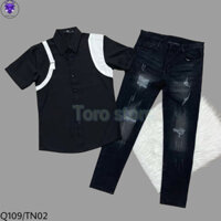 1 Bộ (Quần Jeans Đen Xám Rách Kiểu Cách Co Giãn Form SlimFit + Áo Sơmi Đen Ngắn Tay Chất Lụa Mango Đẹp) Dành Cho Nam