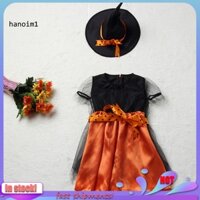 1 Bộ Trang Phục Hóa Trang Halloween Bằng Polyester Với Nón Phù Thủy Thoáng Khí Cho Bé Gái