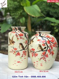 1 chiếc bình gốm nghệ thuật, mã 544184, dáng tròn cao 28 x 18 cm, dáng thon cao 30 x 15 cm, vuốt tay thủ công, cảnh đôi chim hoa đào đỏ, gốm bát tràng tinh vân