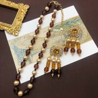 1 Đôi Bông tai mạ vàng kim cương phương Tây cổ điển Thủy tinh màu nâu Lava Effect Vòng cổ ngọc trai