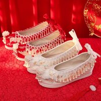 1-nx-001 [Tuyết hoàng hôn đầu mùa hè] Trang phục cổ xưa Giày thêu Hanfu cổ- [Trăm triều đại Fenglai] Giày cưới Trung Quốc Nữ Ngọc trai nguyên bản Tua Rua Giày cưới Cổ bên trong Tăng cường đầu cô dâu (Không in)