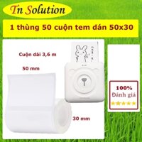 1 thùng 50 cuộn giấy in nhiệt, tem dán K50 kích thước 50x30 mm dành cho dòng máy in mini  bluetooth Peripage, Paperang,.