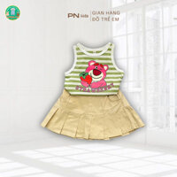 [10-16kg] Đồ bộ sát nách thun gấu dâu sọc ngang xanh chân váy kaki có lót túi hộp dễ thương