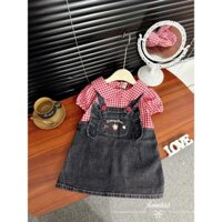 10-20kg Set yếm jean mềm kèm áo caro cổ sen xinh xẻo cho bé gái