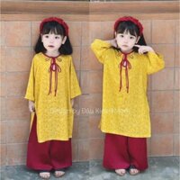 (10-26kg) (ẢNH THẬT TRẢI SÀN) Áo dài Tết cách tân hoa mai lụa gấm kèm bờm cài tóc đáng yêu cho bé gái AD014