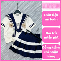 10-28kg (kèm 1 gấu) Set đồ đi học cho bé, Set áo thuỷ thủ mix chân váy xếp ly kèm gấu cho bé gái