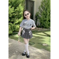 (10-28kg) Set áo cotton mix chân váy xếp li đính nơ cho bé gái