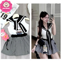 (10-28kg) Set áo thun cotton cổ rời phối chân váy caro kèm túi bông Labubu cho bé gái