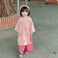 (10-30kg) Áo dài nơ hồng kèm bờm cho bé gái