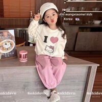 10-30kg Bộ nỉ cho bé gái, Set áo mèo kitty mix quần bom hồng SN cho bé gái