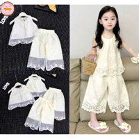 (10-30kg dưới 1m2) Set áo sát nách ren hoa thêu nổi phối quần lửng xinh xắn cho bé gái diện đi biển, đi chơi
