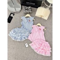 10-30kg Set áo đuôi tôm cổ nơ mix chân váy tầng phối ren HA cho bé gái