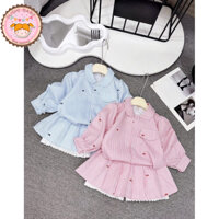 (10-30kg) Set áo sơ mi kẻ cổ bèo phối chân váy xếp ly xinh xắn cho bé gái