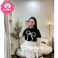 (10-30kg) Set áo thun cotton đính nơ phối chân váy đũi hoạ tiết nơ nhí xinh xắn cho bé gái