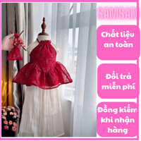 10-30kg Set áo yếm tơ hoa đỏ mix quần suông trắng cho bé gái, bộ mặc trung thu cho bé gái, bộ bà ba cho bé