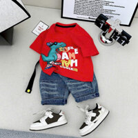 (10-30kg) Sét bộ áo cotton quần jeans hình Khủng Long siêu ngầu cho bé