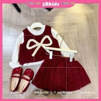 [10-30kg] Set dạ tweed đỏ 3 chi tiết cho bé gái kèm áo thun dài tay, set đồ Tết cho bé G07011