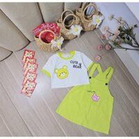 [10-38kg] Set áo cotton phối yếm váy kaki mềm in hình Gấu dễ thương
