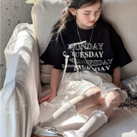 [10 đến 45kg] Sét áo cotton in ngày tháng đen chân váy trắng thô boi mềm mát bé gái đi chơi đến 45kg