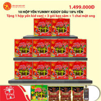 10 Hộp yến sào Nhà VIệt Yummy Kiddy Dâu 18% (6 lọ/hộp) - Tặng 1 hộp yến Yummy Kiddy Vani (6 lọ/hộp) + 1 chai mật ong Hoa Tràm 400g + 3 gói kẹo sâm