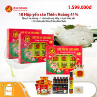 10 Hộp yến sào Thiên Hoàng 41% (6 lọ/hộp) - Tặng 1 tai yến tổ 6g + 1 chai mật ong Honey An 380g + 6 gói cháo yến Thiên Hoàng + 10 chai nước Đông Trùng Hạ Thảo Hàn Quốc
