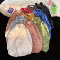 10 màu. Mùa thu mới dáng rộng phiên bản Hàn Quốc cổ đứng thời trang màu trơn đơn giản xu hướng retro chất liệu vải lanh nam áo sơ mi dài tay thông thường