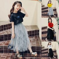 100-160cm Áo Thun Bé Gái Váy Phù Hợp Với Gạc Tutu Váy Bộ Công Chúa Hai Mảnh Cho Bé 2-14 Tuổi