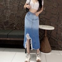 [100% ảnh thật] Chân váy jean maxi loang ombre rách cá tính