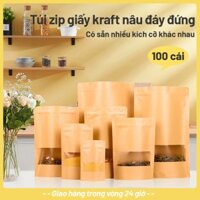 [100 cái] Túi zip giấy kraft nâu túi zip đựng thực phẩm với cửa sổ trong suốt nhiều size