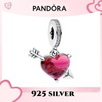 100% chính hãng PANDORA, vòng tay trang sức bạc S925, mặt dây chuyền hình trái tim đỏ & mũi tên, charm thủy tinh Murano