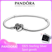 100% Chính hãng Vòng tay trang sức bạc Sterling Pandora S925, khắc gia đình, hình trái tim, chấm, dây chuyền rắn, khóa
