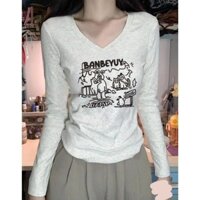 【100% cotton 】Áo baby tee Áo giữ nhiệt Áo Thun tay dài ôm body Áo Thun Cổ Chữ V thời trang in họa tiết phong cách Hàn Quốc