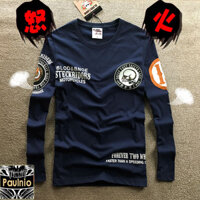 100% Cotton Hàng Sẵn Có Đầu Máy Nhật Bản In Hình Đầu Lâu Thời Trang Hồng Kông Phong Cách Dài Tay Áo Thun Nam Bông Tai Kẹp Đá Xu Hướng Cơ Sở