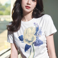 100% Cotton In Hoa Áo Thun Nữ Mùa Hè Phong Cách Mới Thời Trang Chanel Phong Cách Sang Trọng Thường Ngày Phù Hợp Với Hàng Đầu20250213