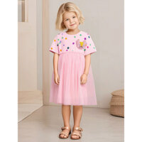 100% Cotton Nguyên Chất Đầy Màu Sắc Chấm Bi Hoạt Hình Màu Hồng Cổ Tròn Lưới Đầm Công Chúa