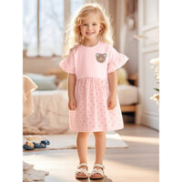 100% Cotton Nguyên Chất Mùa Hè Bé Gái Đầu Gấu Hồng Đầm Tay Bay Nhỏ