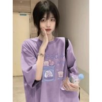 100% Cotton Taro Màu Tím In Áo Thun Nữ Mùa Hè 2024 Phong Cách Mới Rời oversize Nửa Tay Top
