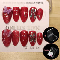 100% Handmade Ngắn Hình Hạnh Nhân Mắt Mèo Đỏ Với Bướm Kim Cương Giả Bộ Móng Tay Giả Có Keo & Hộp Móng Tay Nhân Tạo Đơn Giản Bấm Vào Móng Tay Có Thể Tái Sử Dụng