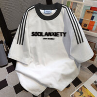 100% Không Bóng Áo T-Shirt Tay Ngắn Retro Mỹ Unisex Mùa Hè Mới Ba Sọc Chữ Lỏng Lẻo