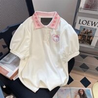 100% Không Pilling Nhật Bản Dễ Thương Hello Kitty Áo Thun Nữ Mùa Hè Niche Puff Tay Áo polo Cổ Top20250219