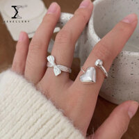 100% S925 Nhẫn Bạc Nữ Nơ Hình Trái Tim Có Thể Điều Chỉnh Chỉ Số Nhẫn Ngón Tay Thời Trang All-Ma