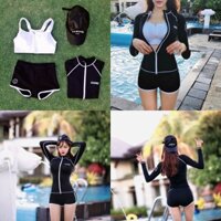 10.10 😍 . | Ảnh Thật | Bộ bikini , bộ đồ bơi nữ 3 mảnh áo bra trắng, áo khoác ngoài và quần đùi màu đen . . .