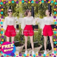 10.10 Video và ảnh thật - Set áo voan trắng tay bồng mix quần đùi kaki đỏ .