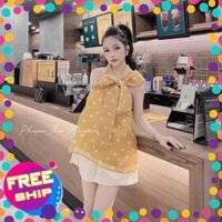 10.10 Video và ảnh thật - Set áo vàng chấm bi nơ cổ mix quần kem .