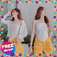 10.10 Video và ảnh thật - Set áo hoa cúc buộc nơ lưng mix quần kaki và áo len cadigan .