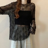1021 Bộ Sưu Tập Người Đen Mỏng Hơi Trong Suốt Áo Sơ Mi Ren Dài Tay Nữ Mùa Hè 2025 Plus Size Béo mm Giữa Chiều Dài Áo Bên Ngoài Top